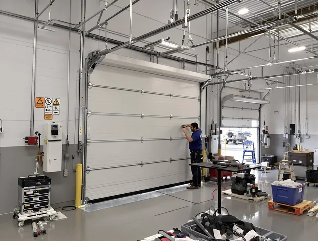 Commercial garage door repair being performed by Lawndale Garage Door Repair expert in Lawndale