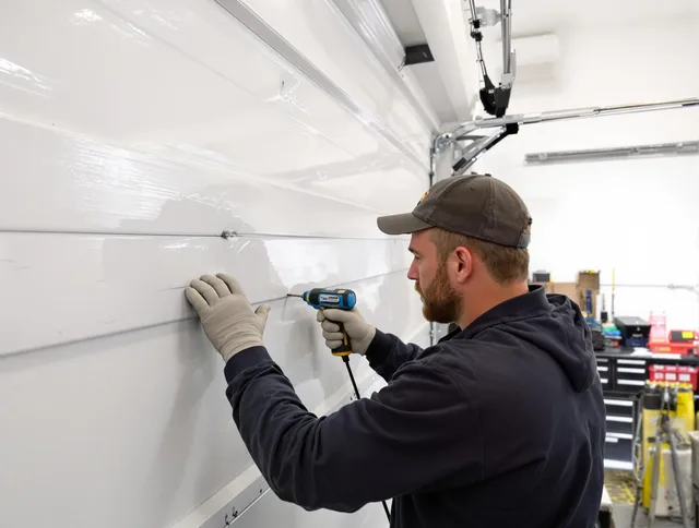Lawndale Garage Door Repair technician demonstrating precision dent removal techniques on a Lawndale garage door