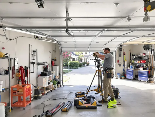 Lawndale Garage Door Repair specialist performing laser-guided track alignment in Lawndale